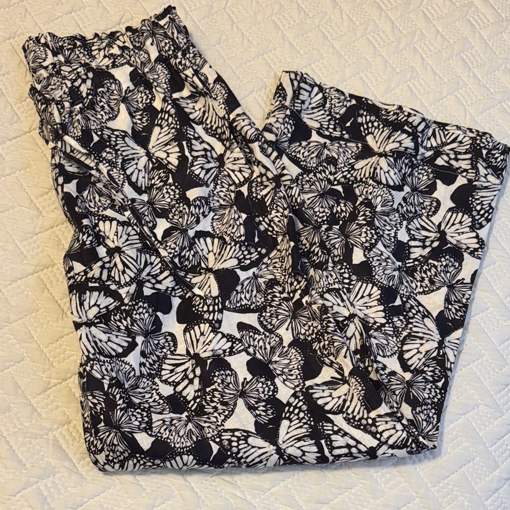 Navy and White Butterfly Print Linen Pants